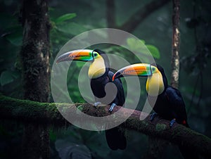 Toucan birds in a a lush green forest