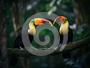 Toucan birds in a a lush green forest