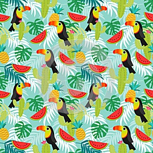 Toucan birds,tropical leafs and exotic fruit seamless pattern