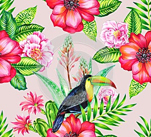Toucan and cammelias, tropical seamless patern.
