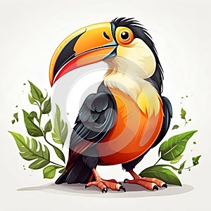 Toucan in cartoon style. Cute Toucan isolated on white background. Watercolor drawing, hand-drawn Toucan in watercolor. For