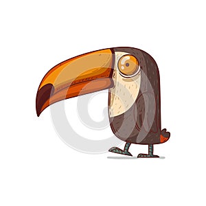 A Toucan, isolated vector illustration. Cute cartoon picture of a serene toucan standing on the ground. Drawn bird sticker