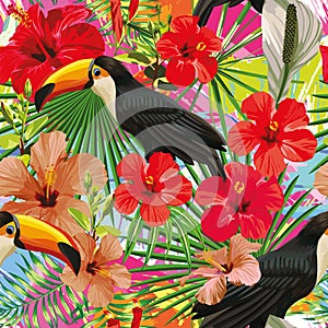 Toucan leaves and flowers seamless pattern colorful motley backg