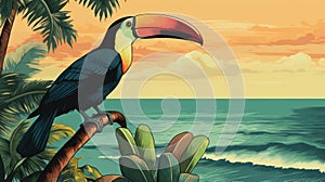 Toucan By The Ocean: Richly Detailed Poster Art With Risograph Texture