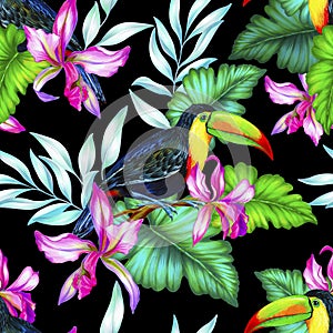 Toucan and orchids, tropical seamless patern.