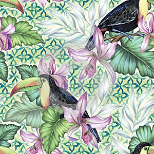 Toucan and orchids, tropical seamless patern.