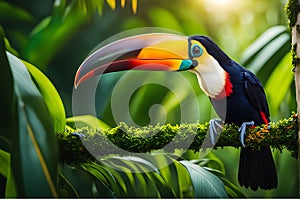 Toucan Perched on Gnarled Branch: Iridescent Feathers Catch Jungle\'s Dappled Light