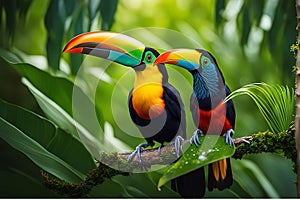 Toucan Perched on Gnarled Branch: Iridescent Feathers Catch Jungle\'s Dappled Light
