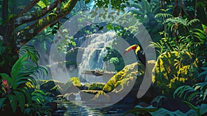 Toucan perched on rock by jungle waterfall, surrounded by lush nature