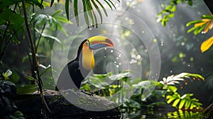 Toucan, Ramphastos sulfuratus, bird with big bill in the forest photo