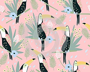 Toucan seamless pattern with flowers and palm leaf. Cute bird background.