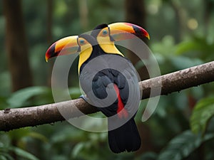 Toucan sitting on the branch in the forest.