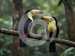 Toucan sitting on the branch in the forest.