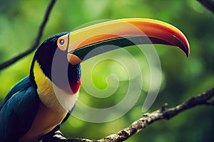 Toucan sitting on branch in the forest. Nature travel in central America. Keel-billed Toucan, Ramphastos. Wildlife