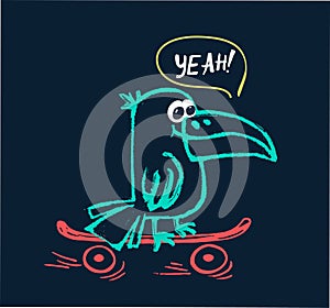 Toucan on skateboard funny cool summer t-shirt print design. Skater in skatepark. Slogan. Skate safari bird