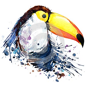 Toucan T-shirt graphics. toucan illustration with splash watercolor textured background.unusual illustration watercolor toucan fa