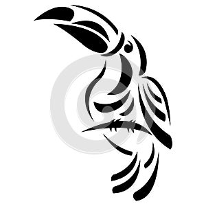Toucan tropical bird on a branch, black silhouette drawn by curved lines on a white isolated background. Tattoo, logo