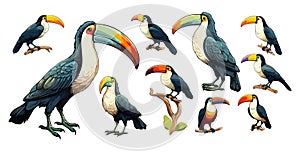 Toucan tropical bird, cartoon style vector set. Flying animal from different angles with beak, wings. Detailed flat