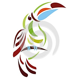 Toucan tropical bright bird on a branch, silhouette drawn by curved lines on a white isolated background. Tattoo, logo, emblem