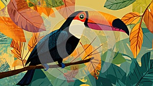 Tropical Toucan Bird Perched on Branch Surrounded by Vibrant Autumn Leaves