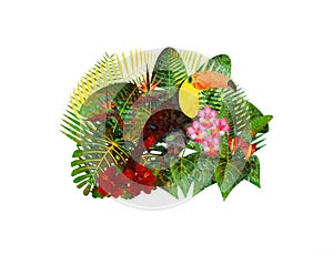 Toucan in Tropical Forest Foliage Flowers Grunge Illustration