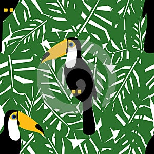 Toucans with tropical leaves seamless pattern. Green palm leaves background.