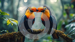 Toucans: Two Ramphastidae Birds Perched on Mossy Tree Branch in Forest Wildlife Photography Background photo