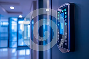 Touch access panel in a modern office corridor.