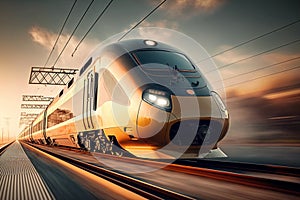 With a touch of artistic motion blur, a high-speed train effortlessly zooms past the railway station during the golden hour of