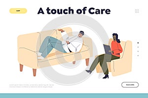 Touch of care concept of landing page with patient talking to psychologist