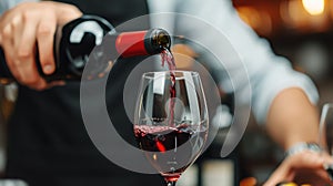 With a touch of elegance, a waiter's hand pours a velvety red wine into a glass, creating an invitation to indulge