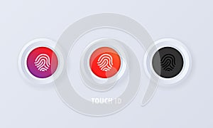 Touch id button in 3d style. Fingerprint. Scanners icons set. Security, personal protection, id scanners. Vector illustration. EPS