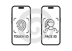 Touch ID and Face ID on Apple iPhone 15 screen. ID - identity document. Facial recognition, Touch and finger system identification