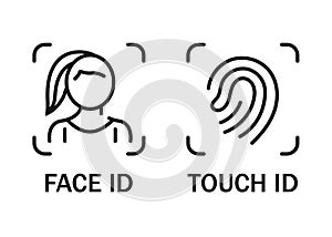 Touch ID and Face ID icons. ID - identity document. Facial recognition, Touch and finger system identification. Face scan. Vector