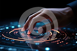 Touch of innovation Finger activates glowing button on virtual screen
