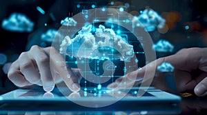 Hands interacting with futuristic cloud technology concept. Digital tablet and virtual cloud computing interface. Modern