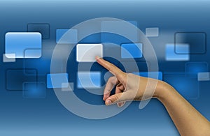 Touch screen button hand finger blue display for background- 3d rendering