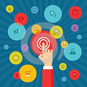 Touch screen finger - creative vector illustration in flat style design. Finger to touch screen. Human hand to touch.