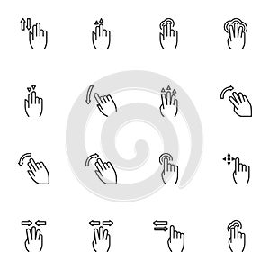 Touch screen hand gestures line icons set,