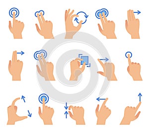 Touch screen hand gestures. Touching screen devices communication, drag using finger gesture for apps interface vector photo