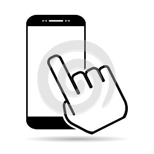 Touch screen with hand with shadow - finger, cursor flat technology push, icon concept vector illustration