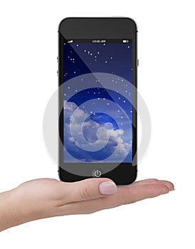 Touch screen mobile phone on hand, white background