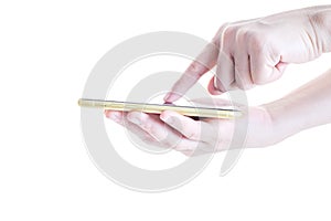 Touch screen mobile phone, in woman hand with white background