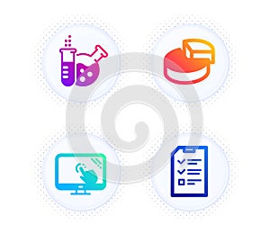 Touch screen, Pie chart and Chemistry lab icons set. Interview sign. Web support, 3d graph, Laboratory. Vector