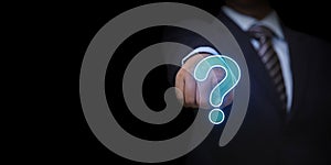 Touch screen Question mark with hand concept on blue background