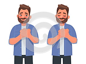 Touched positive man holds his hands on his chest, expressing gratitude. Vector illustration