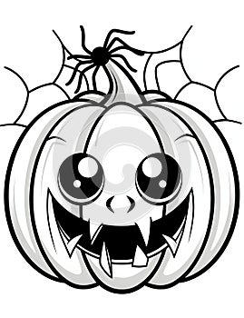 Touched tiny pumpkin with a spider on top and a spider web in the background, Halloween black and white picture coloring book