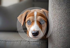 Shy Puppy Hiding Beside Sofa Expressing Vulnerability And Gentle Emotion