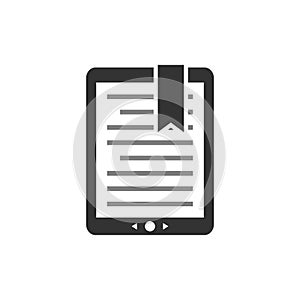Touchpad ebook, e-reader display with text and bookmark. E book concept vector icon.
