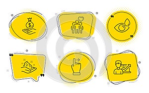 Touchscreen gesture, Eye drops and Friendship icons set. Skin care, Income money and Success business signs. Vector